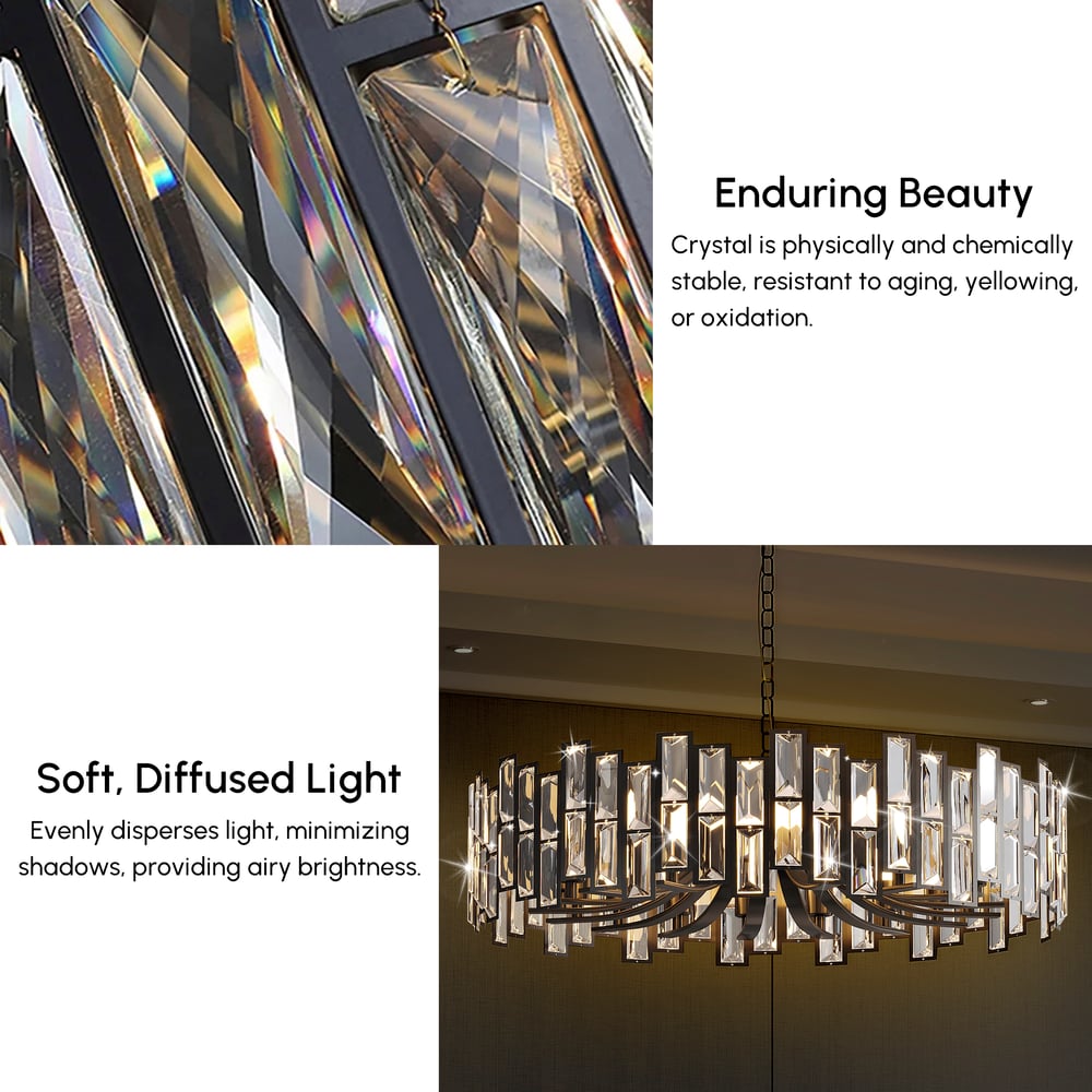 Moderní geometrický křišťálový lustr Clytia 14-Light s nastavitelným řetízkem v černé barvě obrázek okna