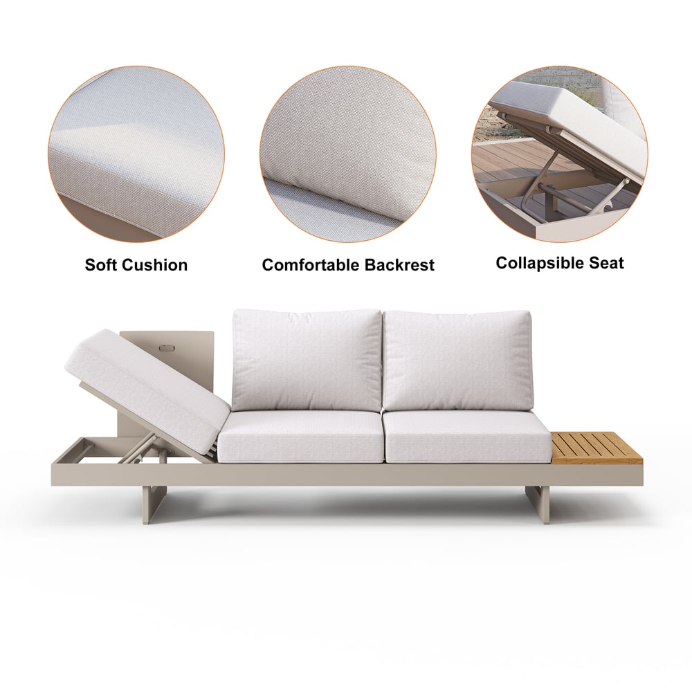 4-Pieces Modular Aluminum & Teak Outdoor Sofa Set with Covers for 6 Person in Light Gray window image