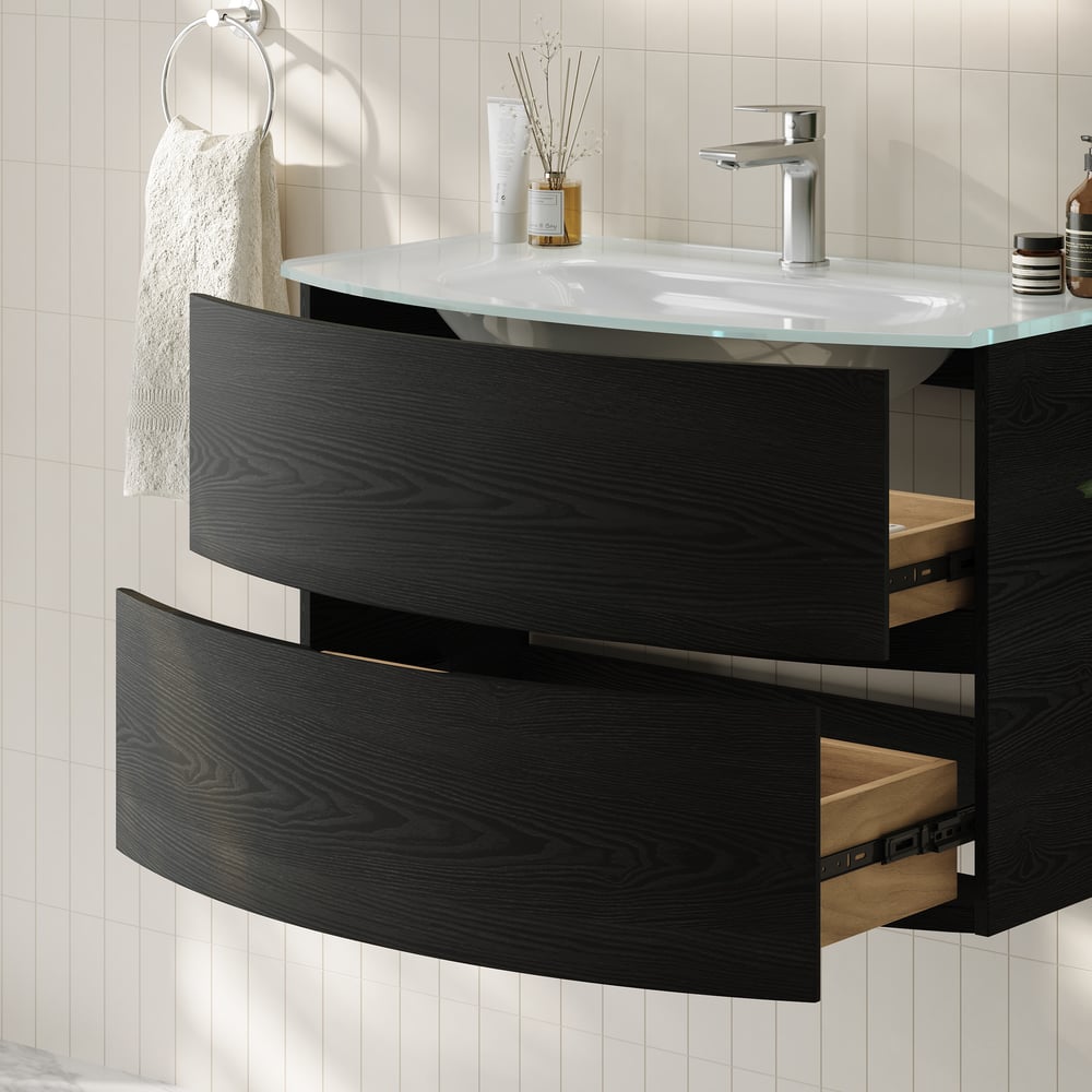 Modern 800mm Floating Bathroom Vanity with One-piece Glass Basin 2 Drawers in Black window image