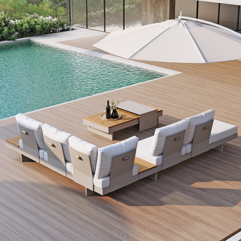 4-Pieces Modular Aluminum & Teak Outdoor Sofa Set with Covers for 6 Person in Light Gray window image