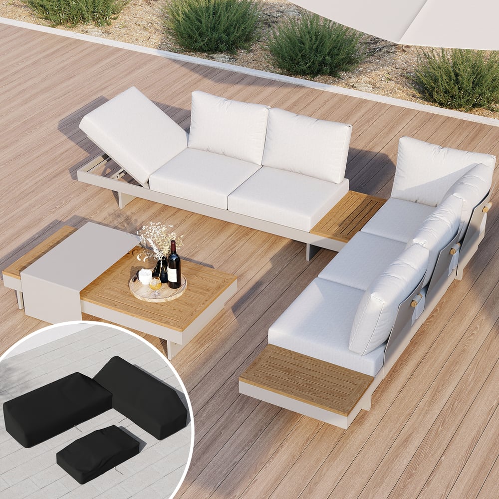 4-Pieces Modular Aluminum & Teak Outdoor Sofa Set with Covers for 6 Person in Light Gray window image