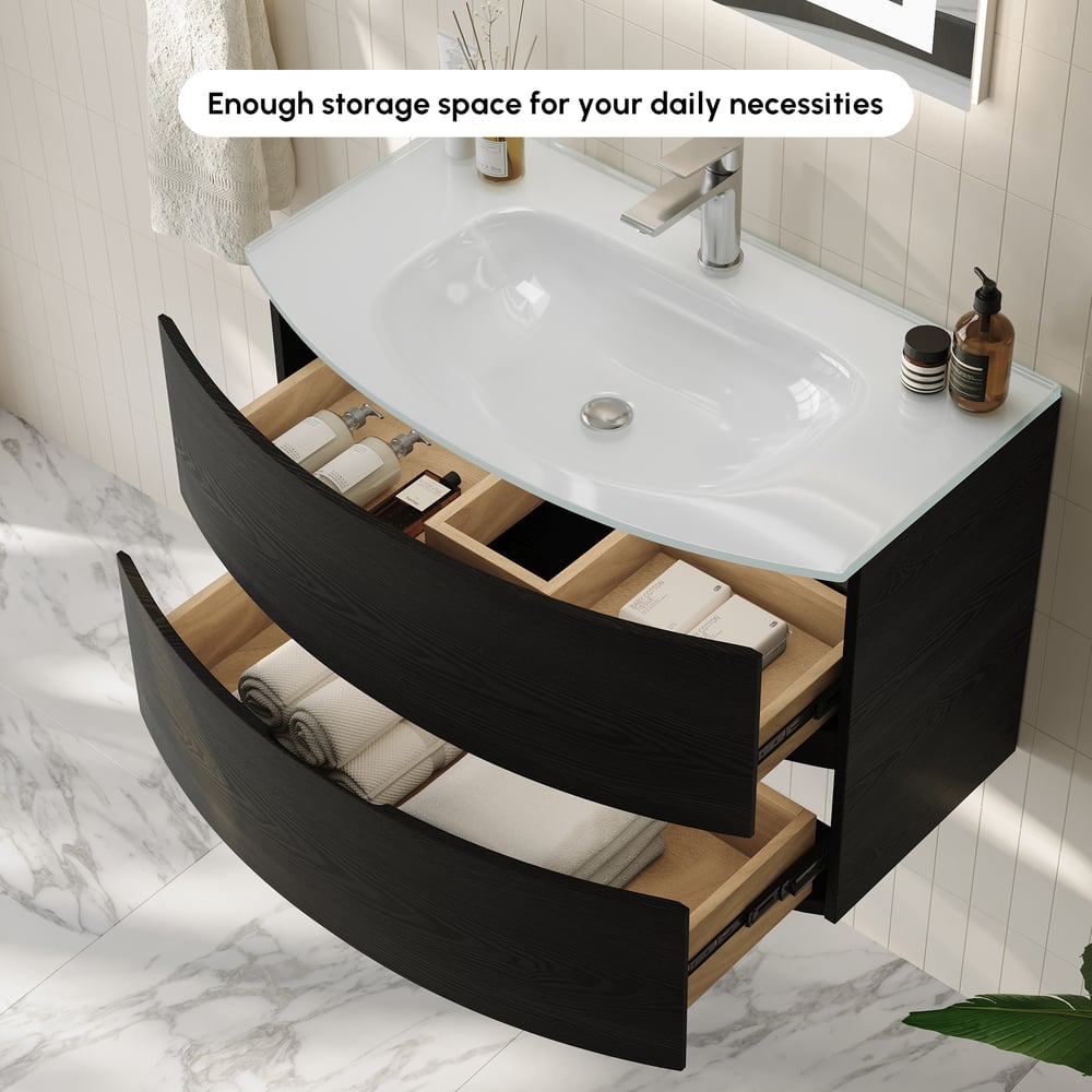 Modern 800mm Floating Bathroom Vanity with One-piece Glass Basin 2 Drawers in Black window image