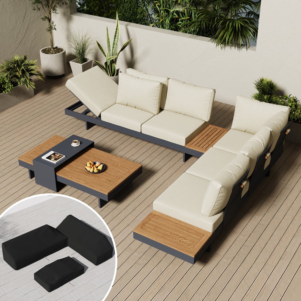 4-Pieces Modular Aluminum & Teak Outdoor Sofa Set with Covers for 6 Person in Beige window image