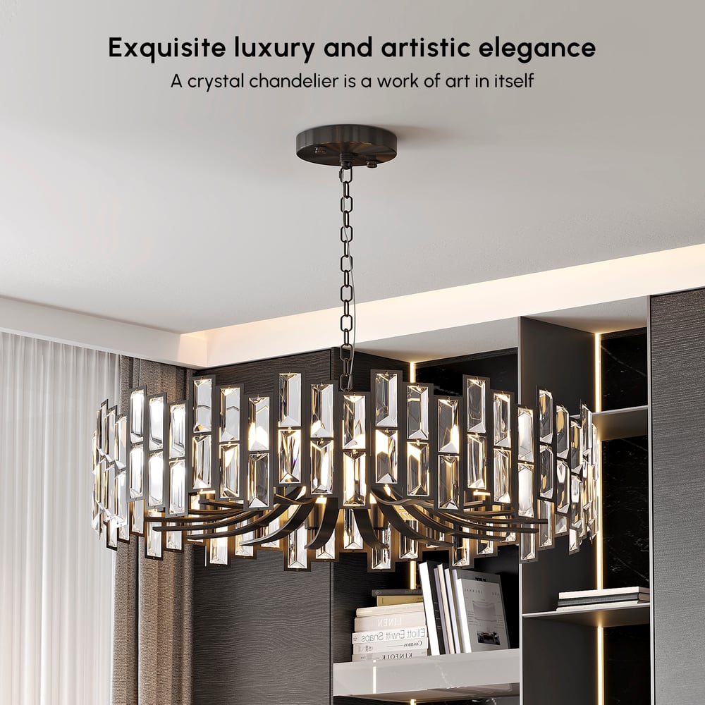 Moderní geometrický křišťálový lustr Clytia 14-Light s nastavitelným řetízkem v černé barvě obrázek okna