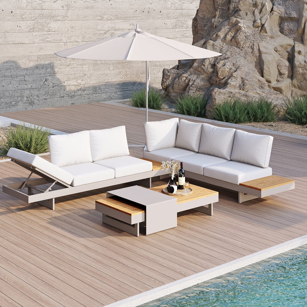 4-Pieces Modular Aluminum & Teak Outdoor Sofa Set with Covers for 6 Person in Light Gray window image