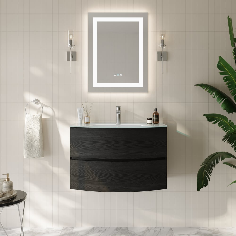 Modern 800mm Floating Bathroom Vanity with One-piece Glass Basin 2 Drawers in Black window image