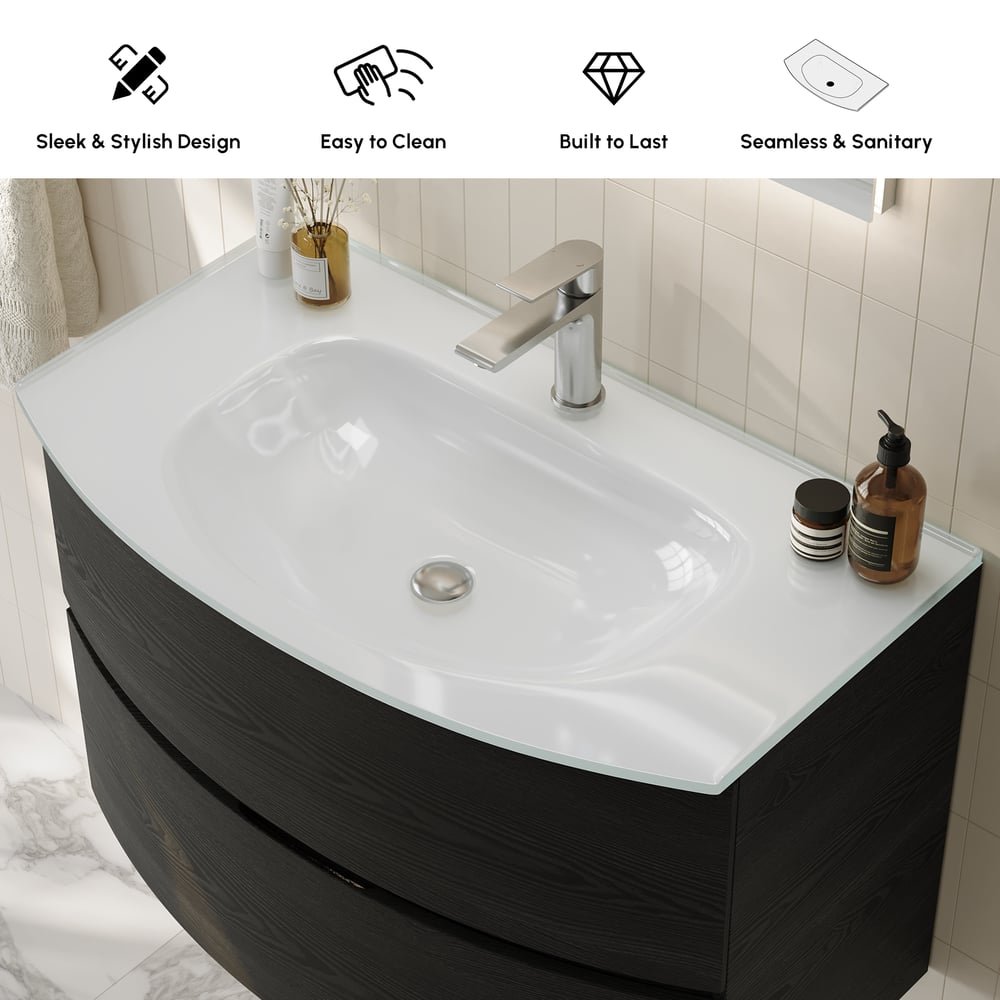 Modern 800mm Floating Bathroom Vanity with One-piece Glass Basin 2 Drawers in Black window image