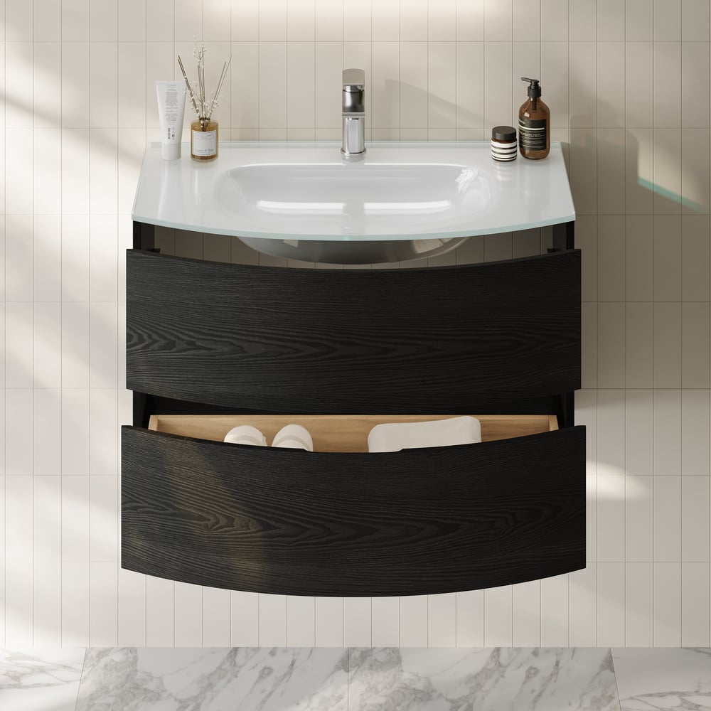 Modern 800mm Floating Bathroom Vanity with One-piece Glass Basin 2 Drawers in Black window image