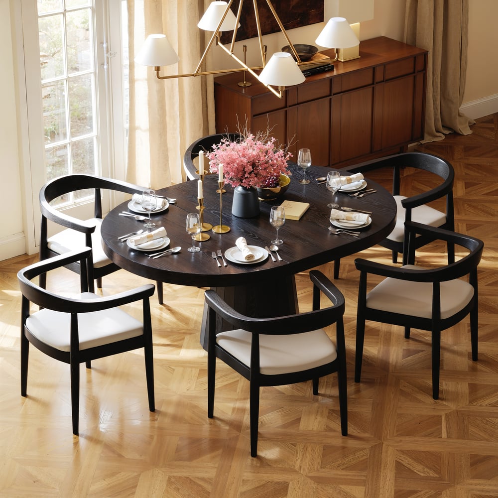 Dining Set 39"-55" Japandi Extendable Dining Table Black with 6 Chairs window image