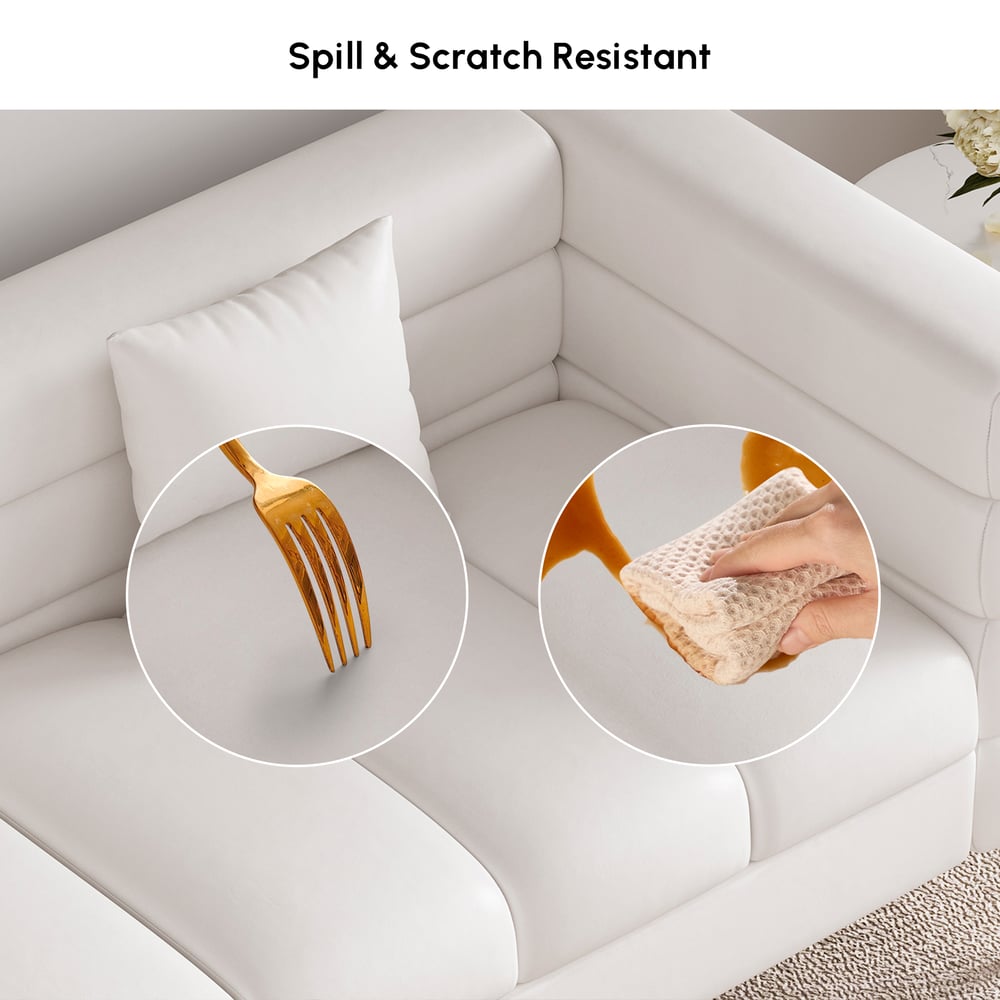 Aurora 79" Faux Leather Fluted Sofa with Gold Legs & Pillows window image