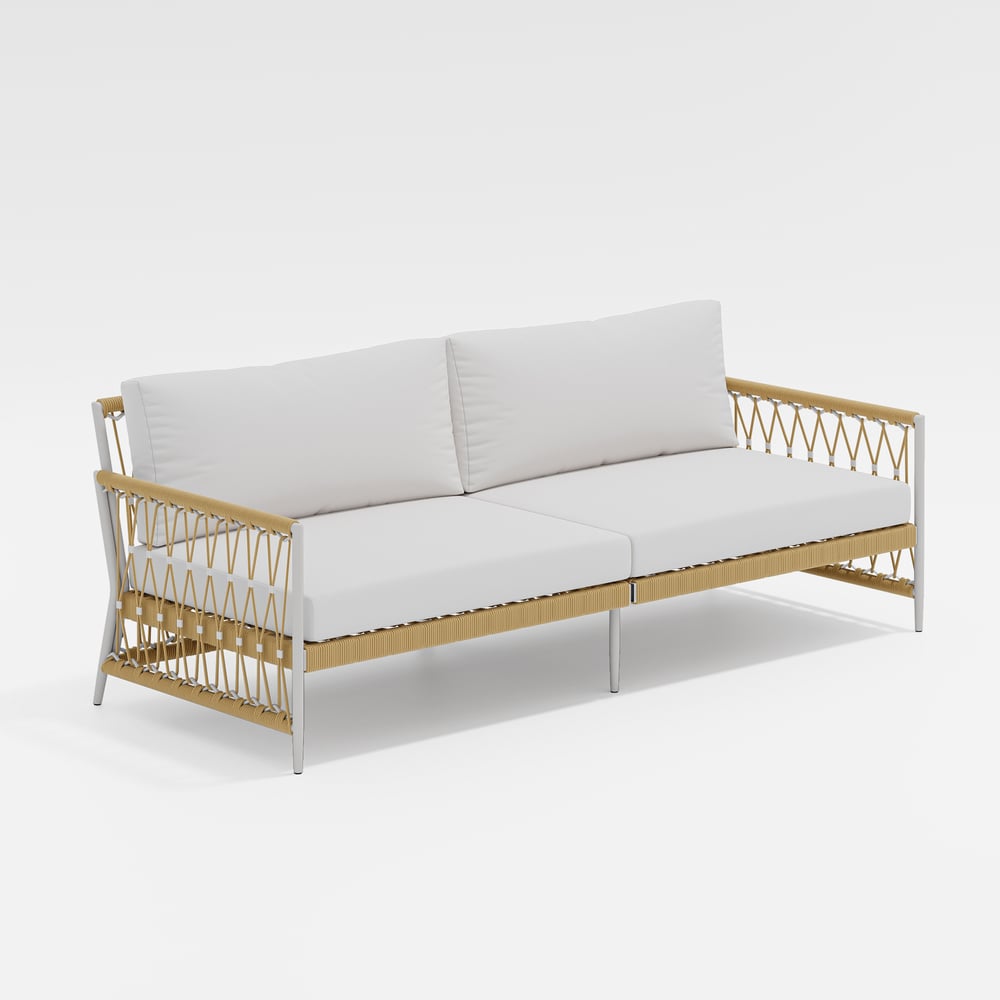 Ropipe Woven Rope Outdoor Sofa 3-Seater Sofa with White Polyester Pillow Cushion window image