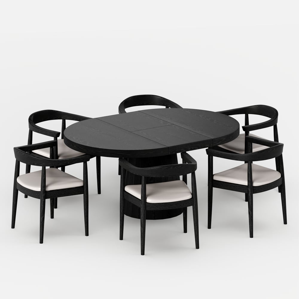Dining Set 39"-55" Japandi Extendable Dining Table Black with 6 Chairs window image