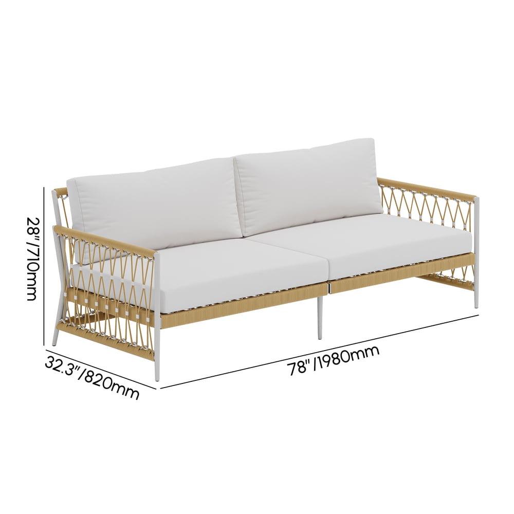 Ropipe Woven Rope Outdoor Sofa 3-Seater Sofa with White Polyester Pillow Cushion weights dimensions image