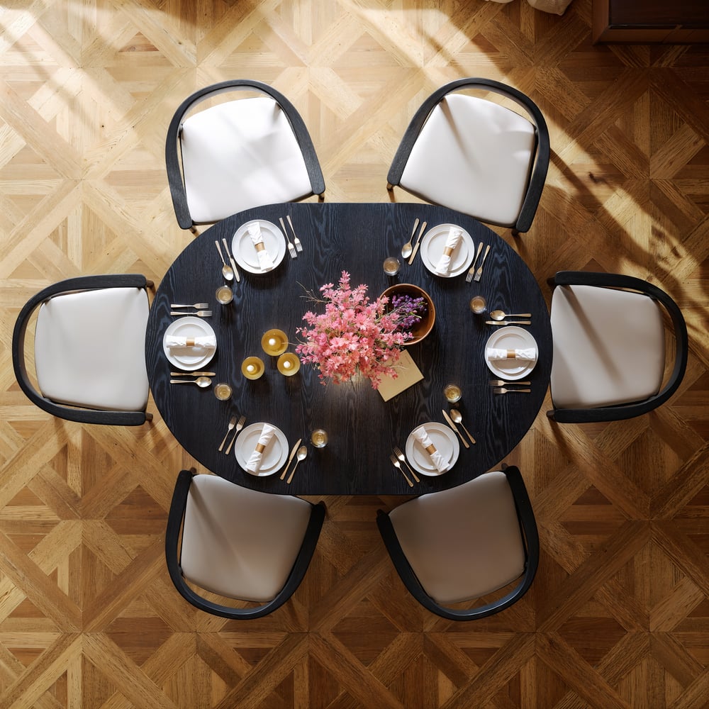 Dining Set 39"-55" Japandi Extendable Dining Table Black with 6 Chairs window image