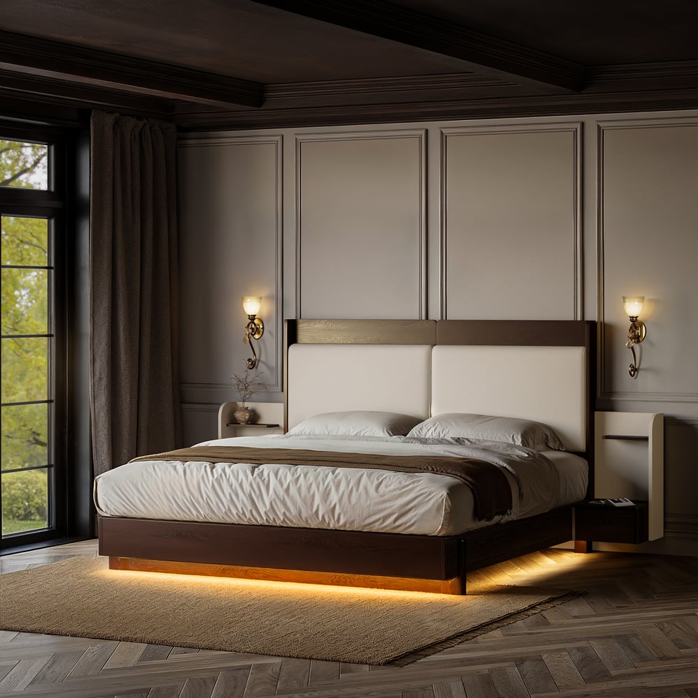 King Solid Wood Bed with Leather Extended Headboard & Floating Smart Nightstand Set window image
