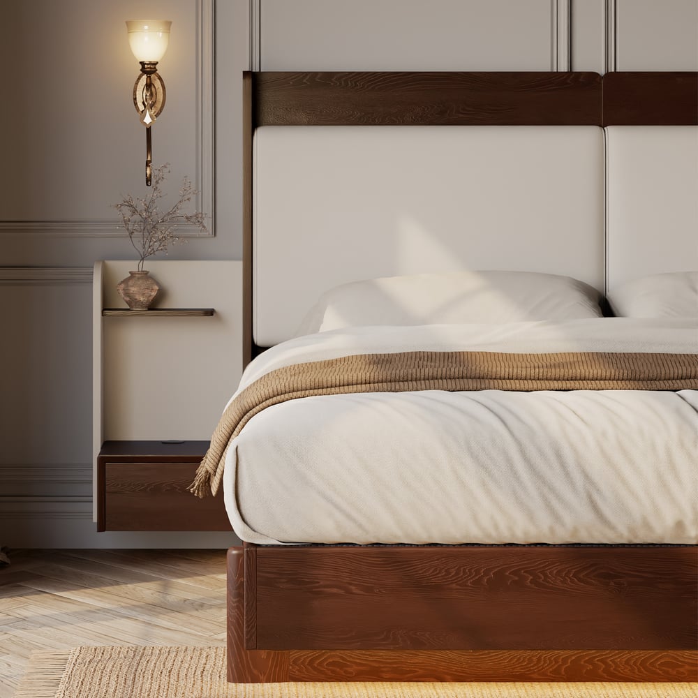 King Solid Wood Bed with Leather Extended Headboard & Floating Smart Nightstand Set window image