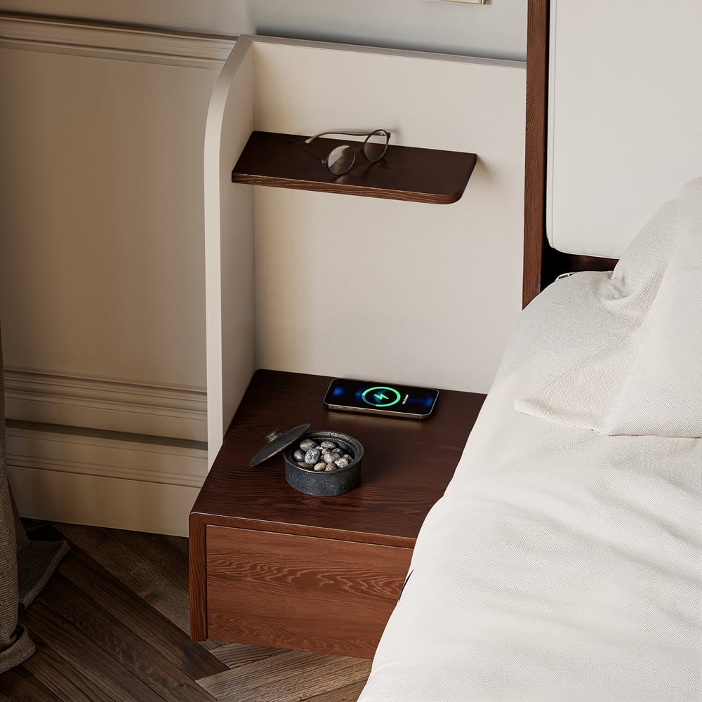 King Solid Wood Bed with Leather Extended Headboard & Floating Smart Nightstand Set window image