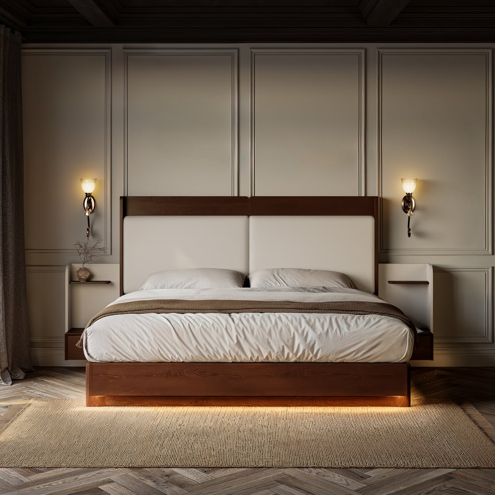 King Solid Wood Bed with Leather Extended Headboard & Floating Smart Nightstand Set window image
