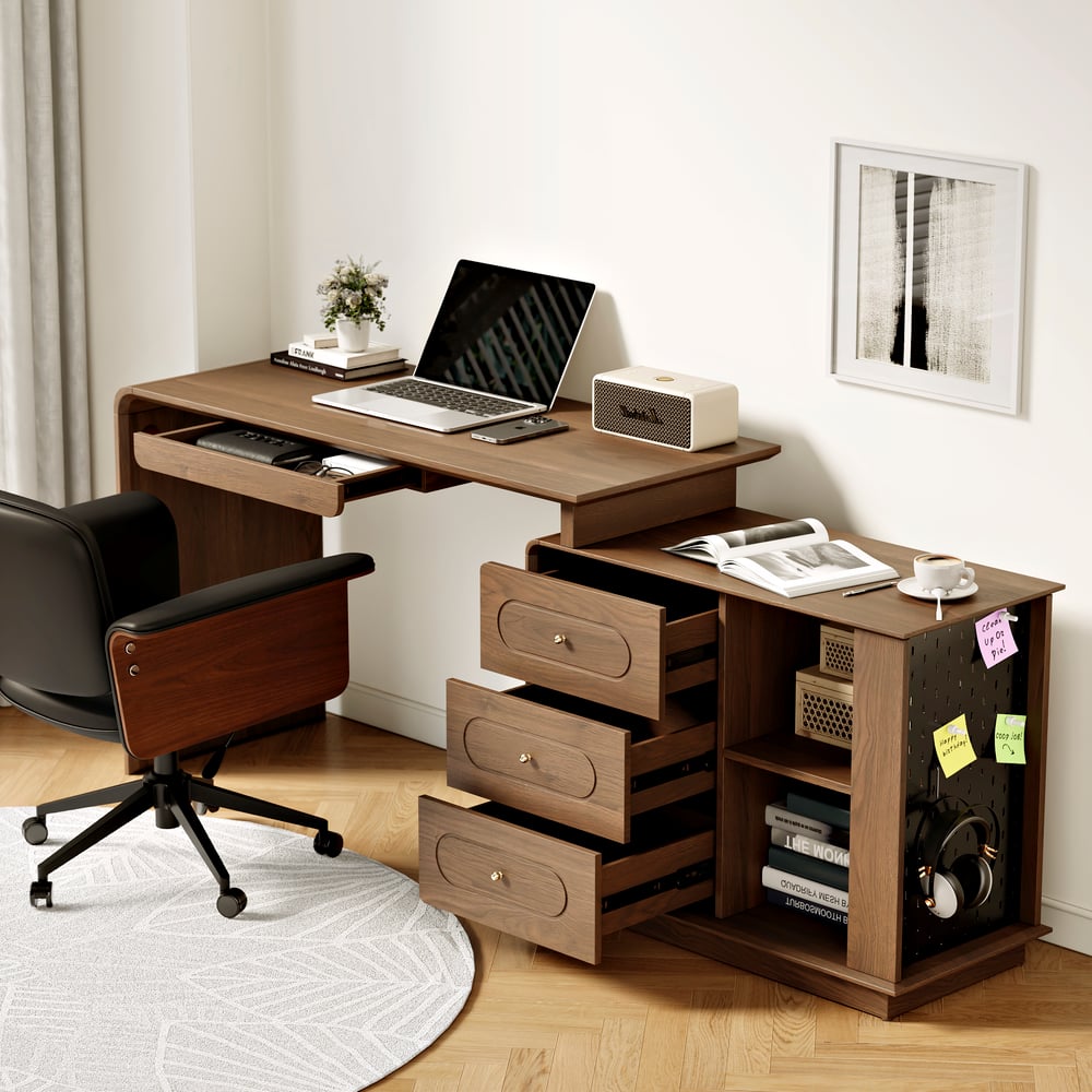 Walnut L-Shaped Corner Desk with Keyboard Tray & Storage window image