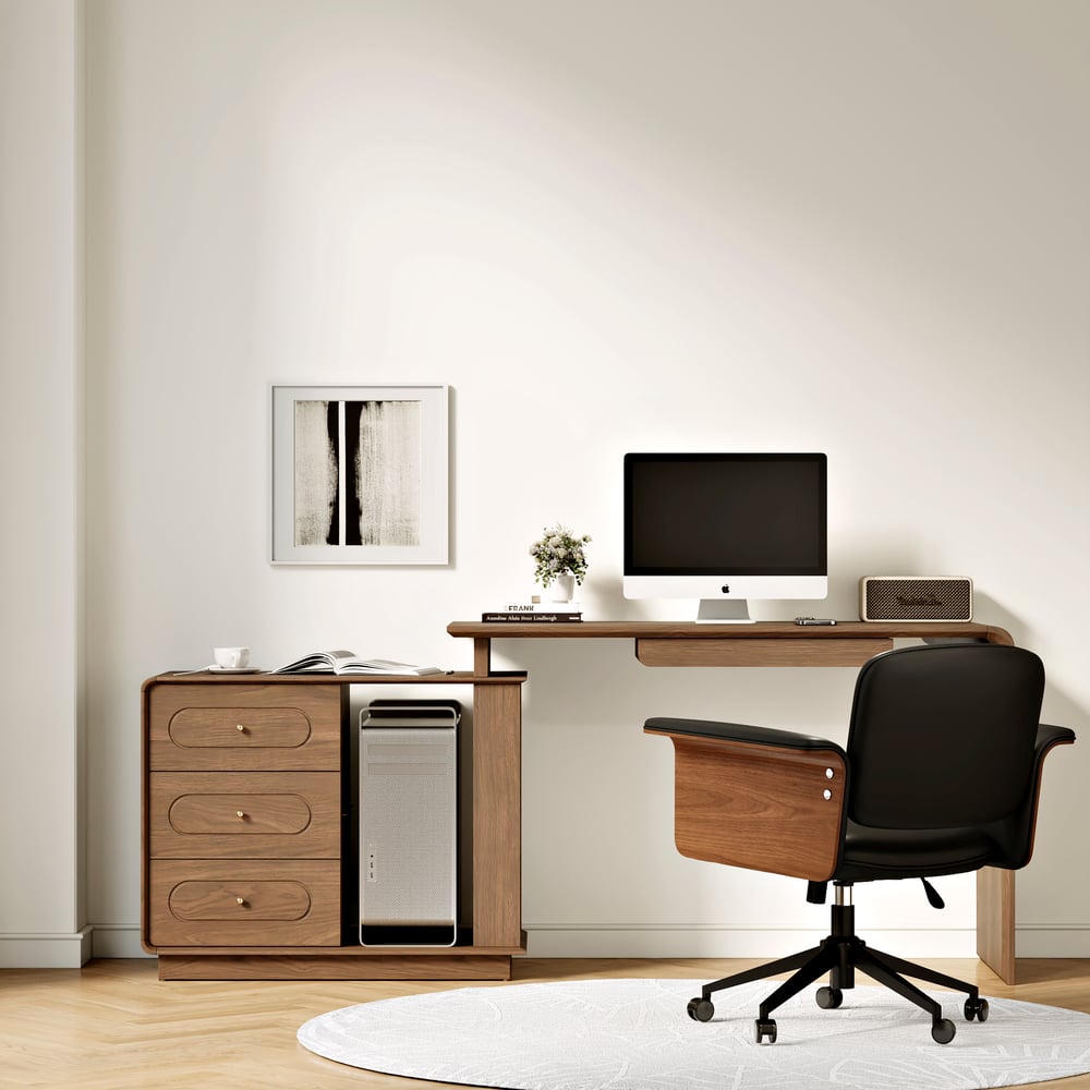 Walnut L-Shaped Corner Desk with Keyboard Tray & Storage window image