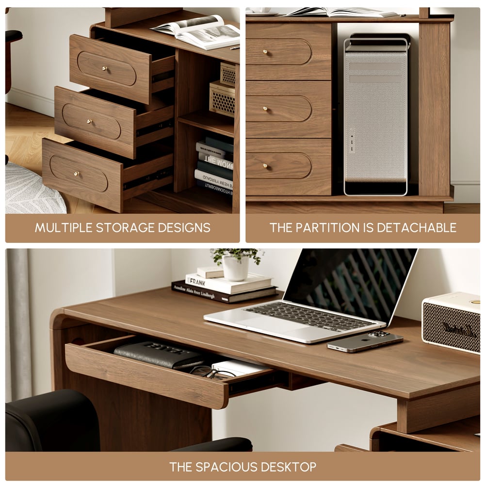 Walnut L-Shaped Corner Desk with Keyboard Tray & Storage window image