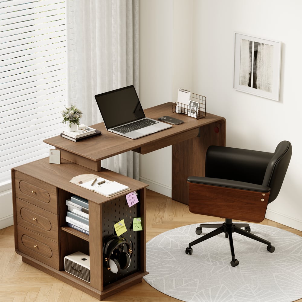 Walnut L-Shaped Corner Desk with Keyboard Tray & Storage window image