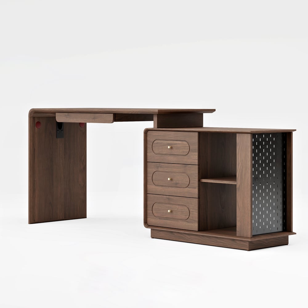 Walnut L-Shaped Corner Desk with Keyboard Tray & Storage window image