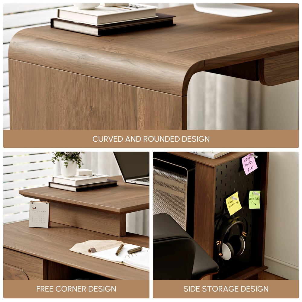Walnut L-Shaped Corner Desk with Keyboard Tray & Storage window image