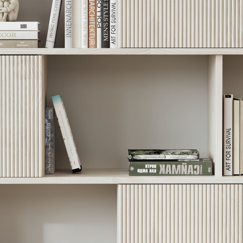 1850mm Wash White Sliding Door Etagere Bookshelf 5-Shelf Tall Book Shelf Rich Storage window image