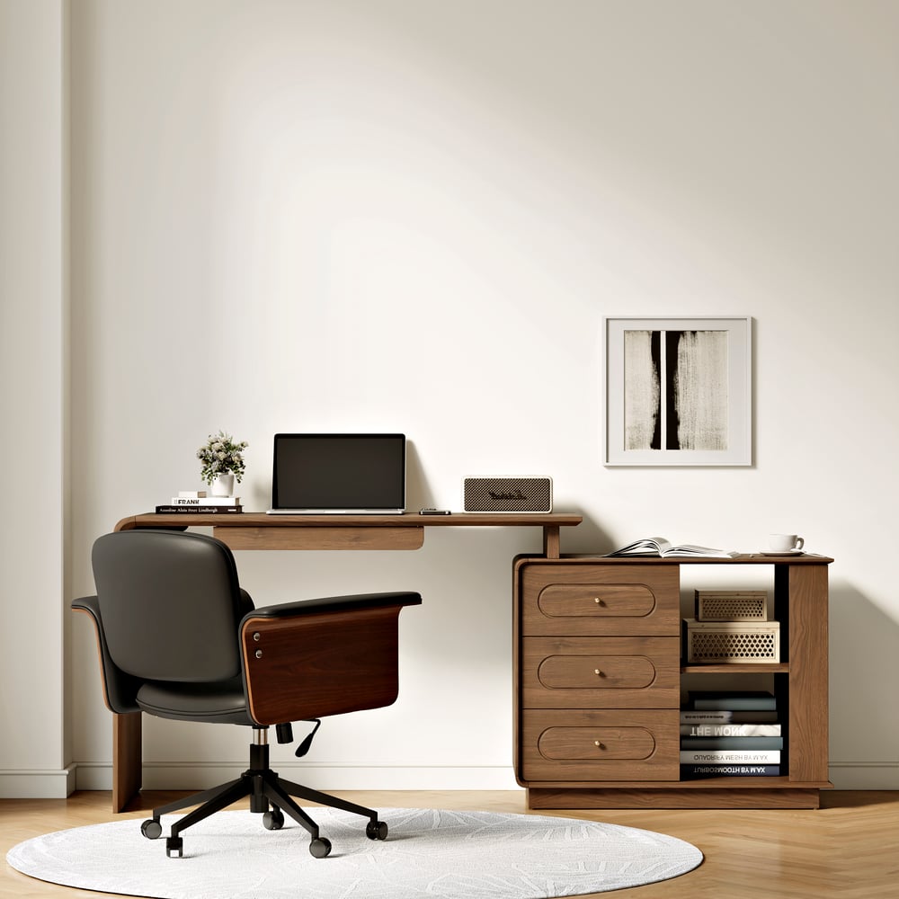 Walnut L-Shaped Corner Desk with Keyboard Tray & Storage window image