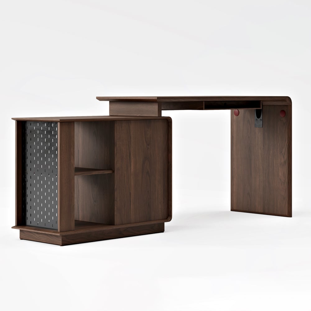 Walnut L-Shaped Corner Desk with Keyboard Tray & Storage window image