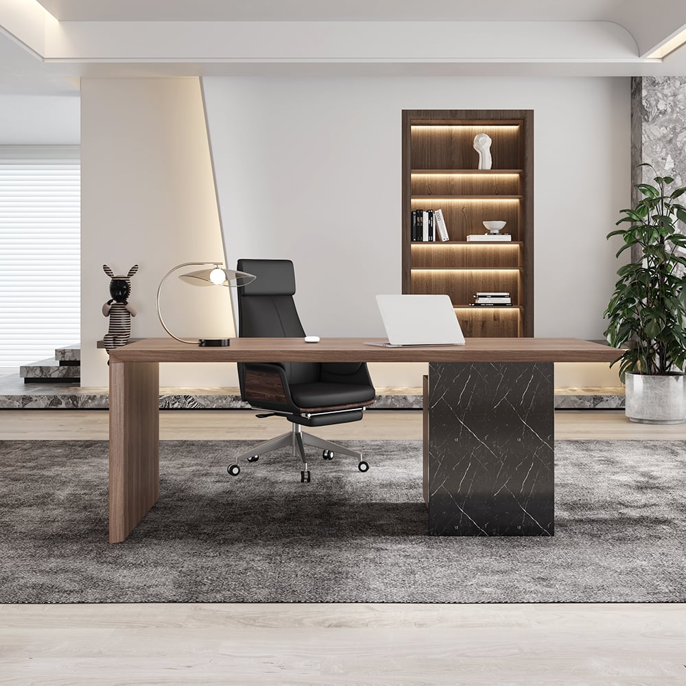 Modern Black & Walnut Home Office Desk with Movable File Cabinet (70.9") window image