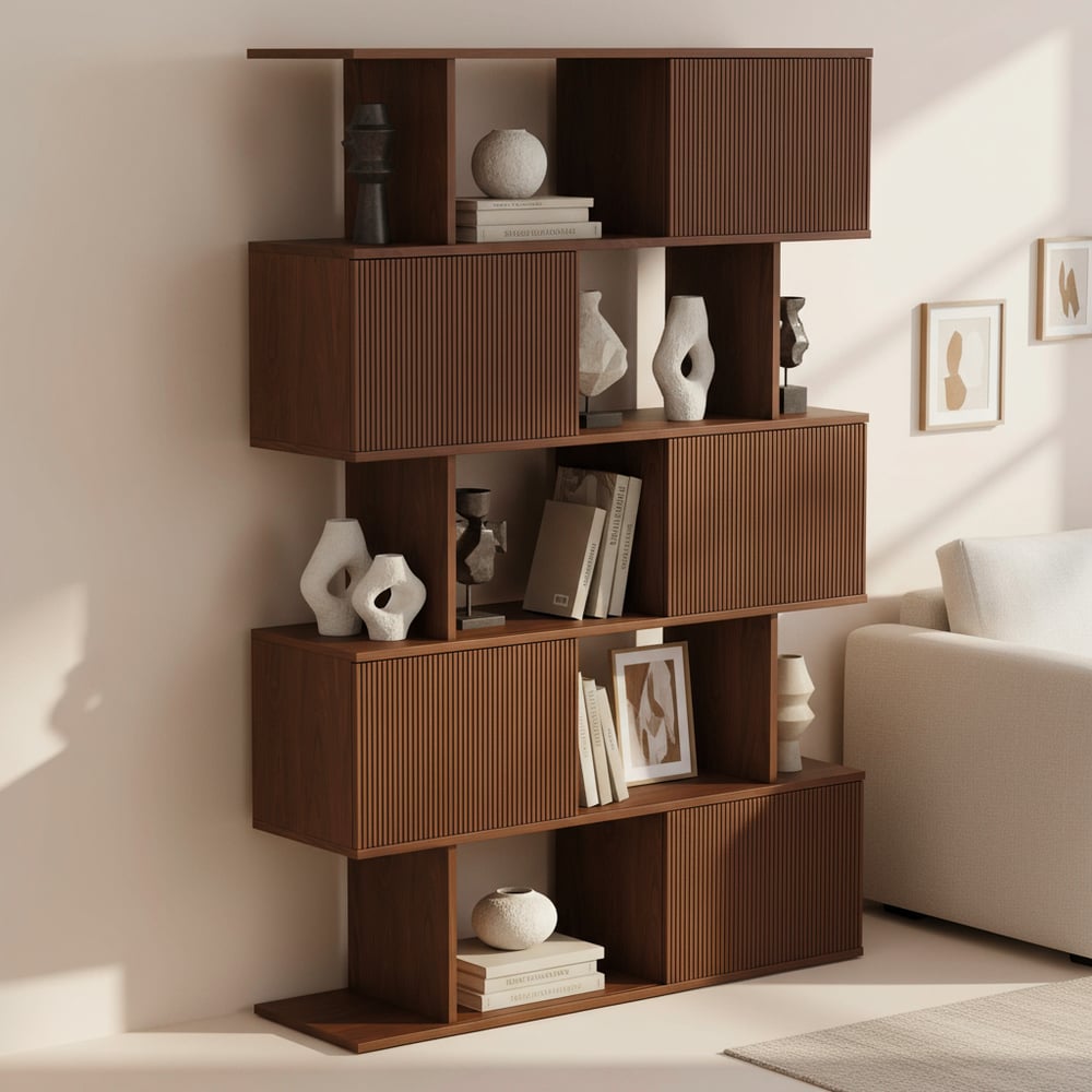 1850mm Walnut Sliding Door Etagere Bookshelf 5-Shelf Tall Book Shelf Rich Storage window image