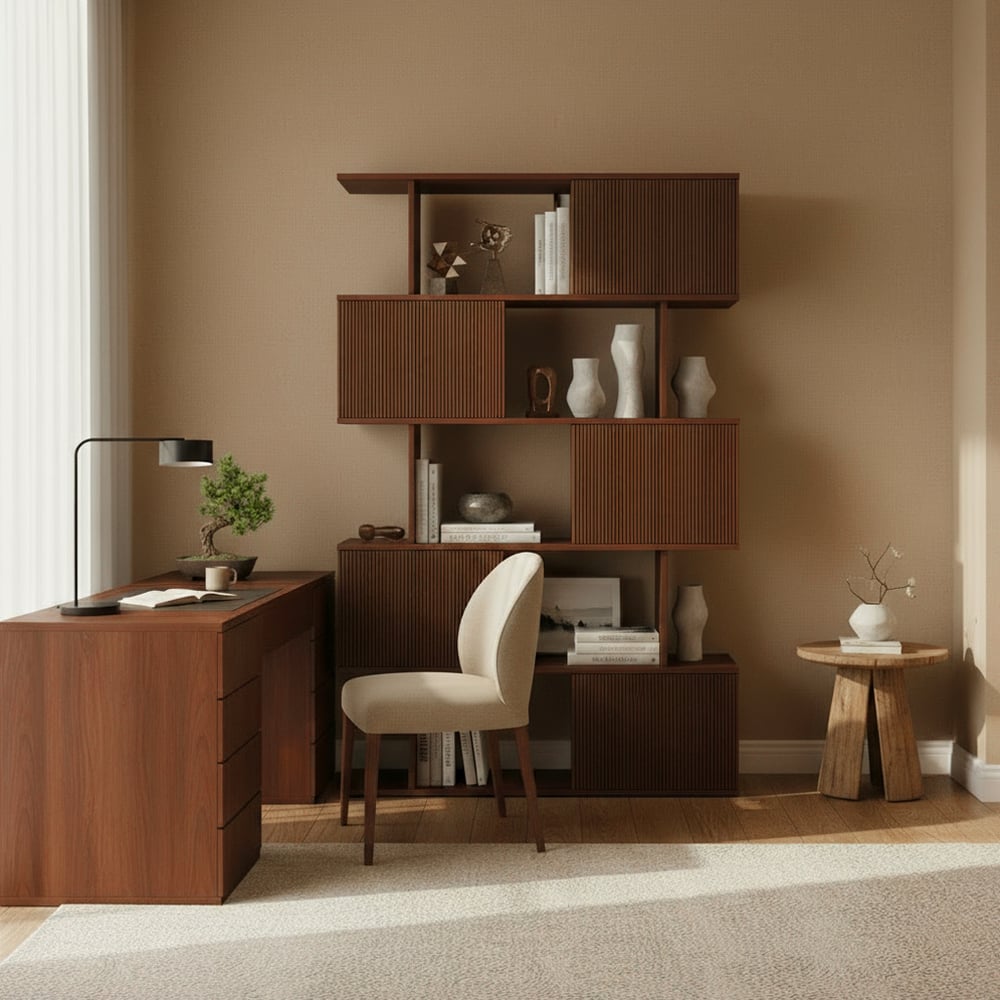 1850mm Walnut Sliding Door Etagere Bookshelf 5-Shelf Tall Book Shelf Rich Storage window image