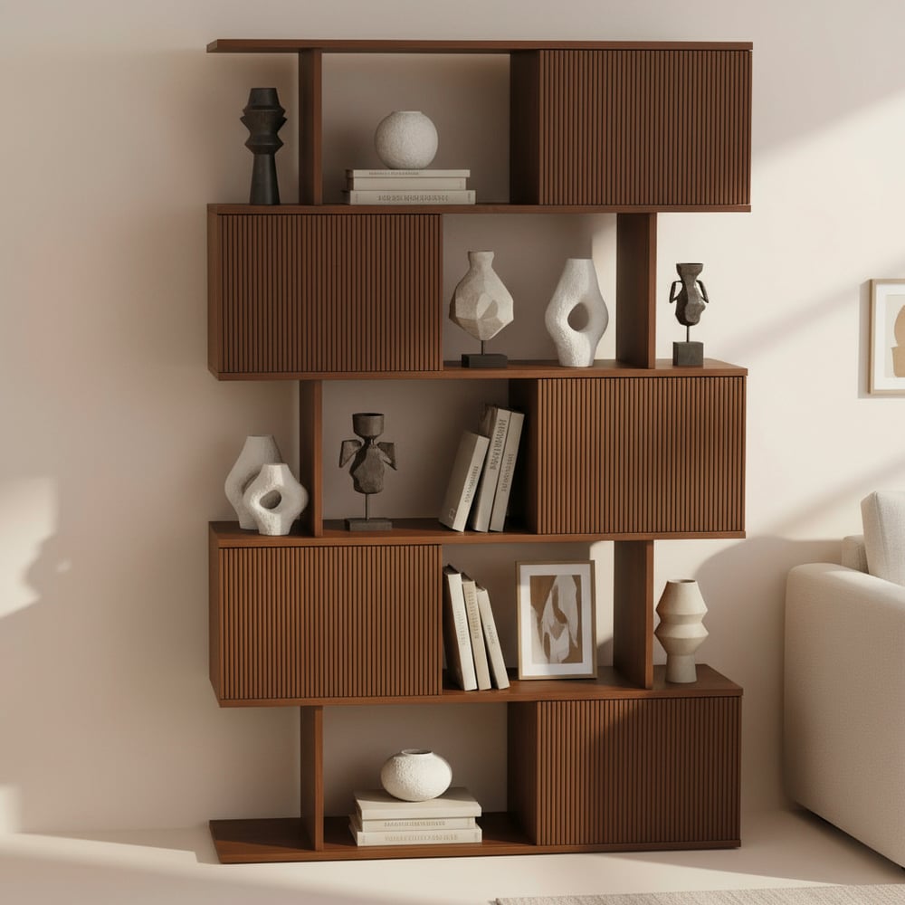 1850mm Walnut Sliding Door Etagere Bookshelf 5-Shelf Tall Book Shelf Rich Storage window image