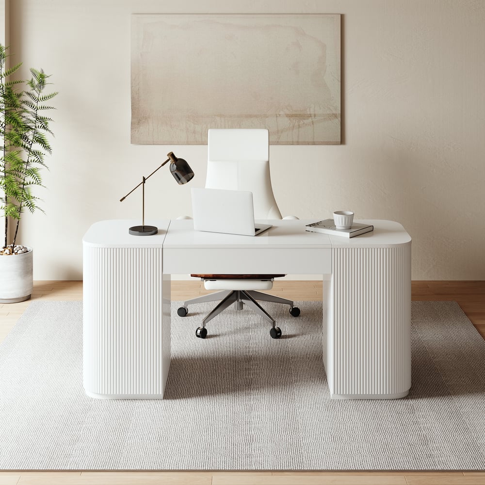 Modern White Standing Computer Desk with 2 Doors and Storage Office Desk (59.8" ) window image