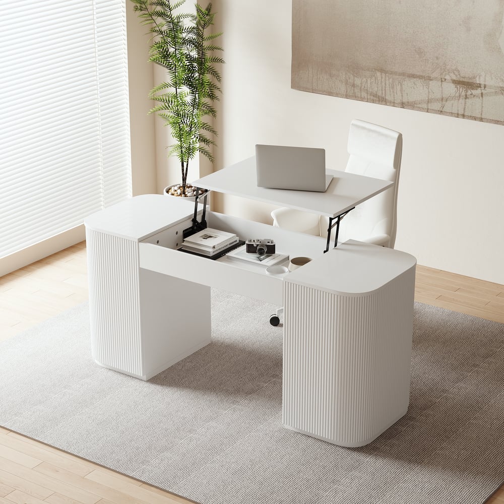 Modern White Standing Computer Desk with 2 Doors and Storage Office Desk (59.8" ) window image