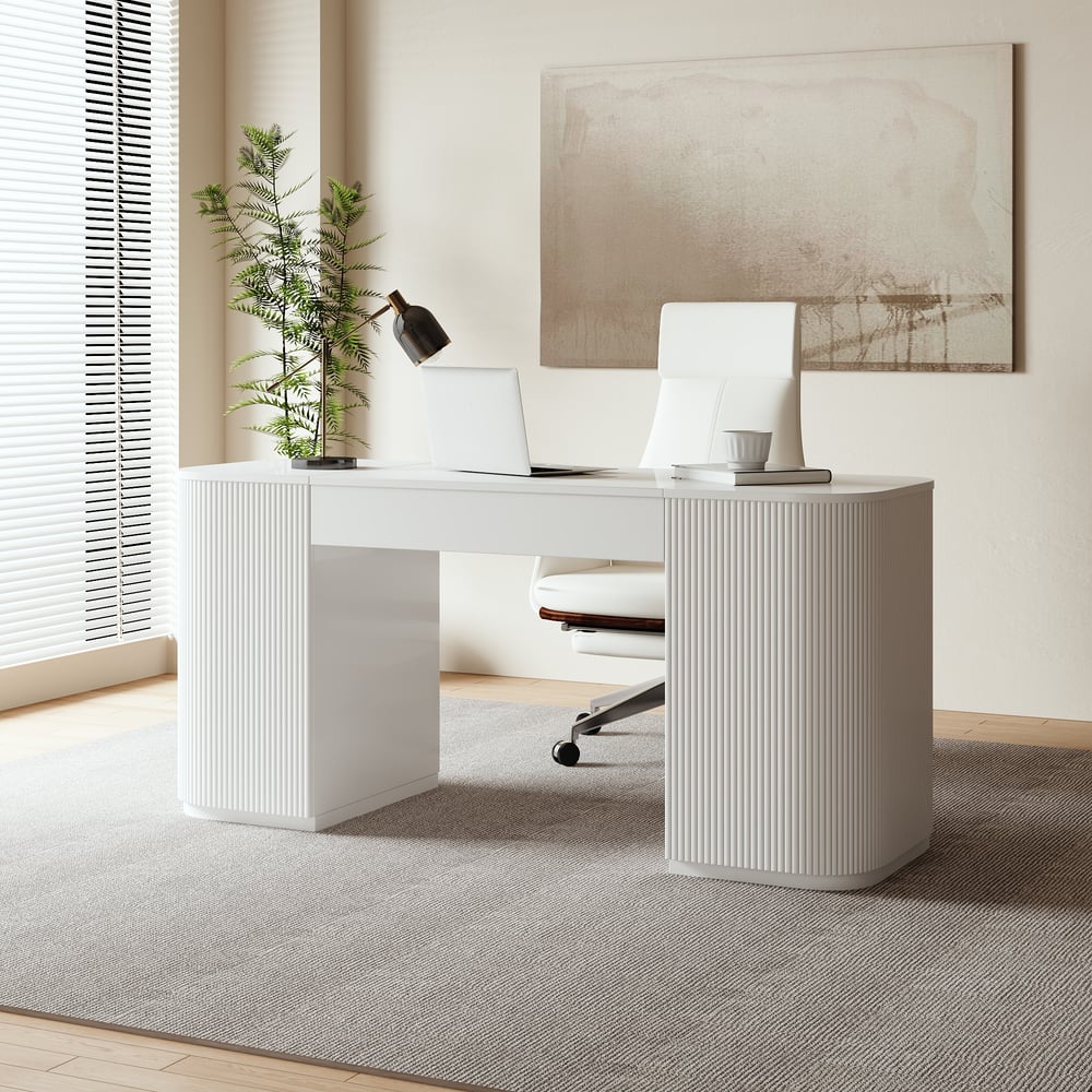 Modern White Standing Computer Desk with 2 Doors and Storage Office Desk (59.8" ) window image