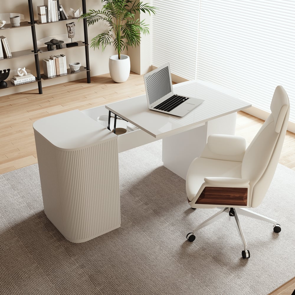 Modern White Standing Computer Desk with 2 Doors and Storage Office Desk (59.8" ) window image
