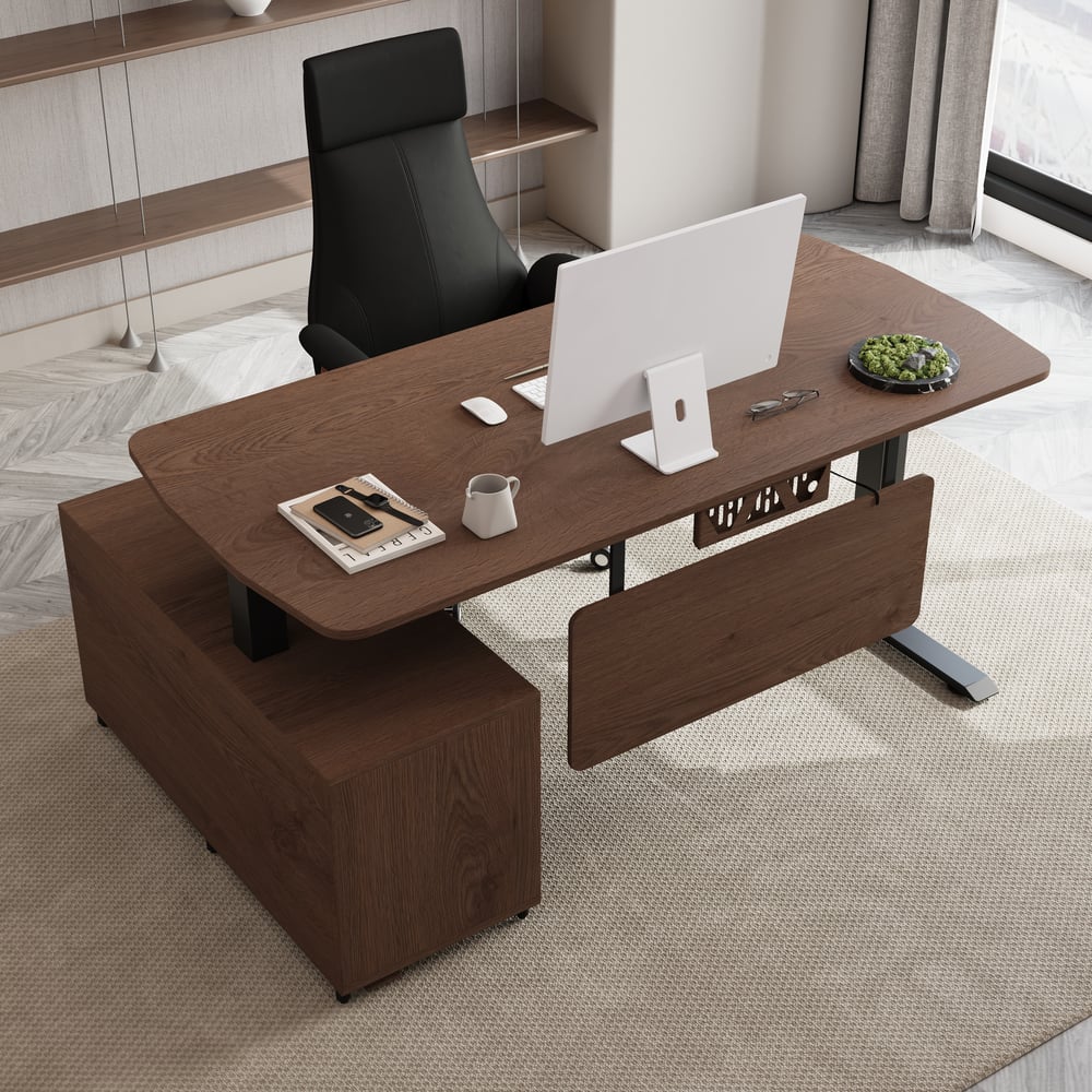 Modern Walnut L Shaped Adjustable Electric Standing Executive Desk Right Hand (63" ) window image