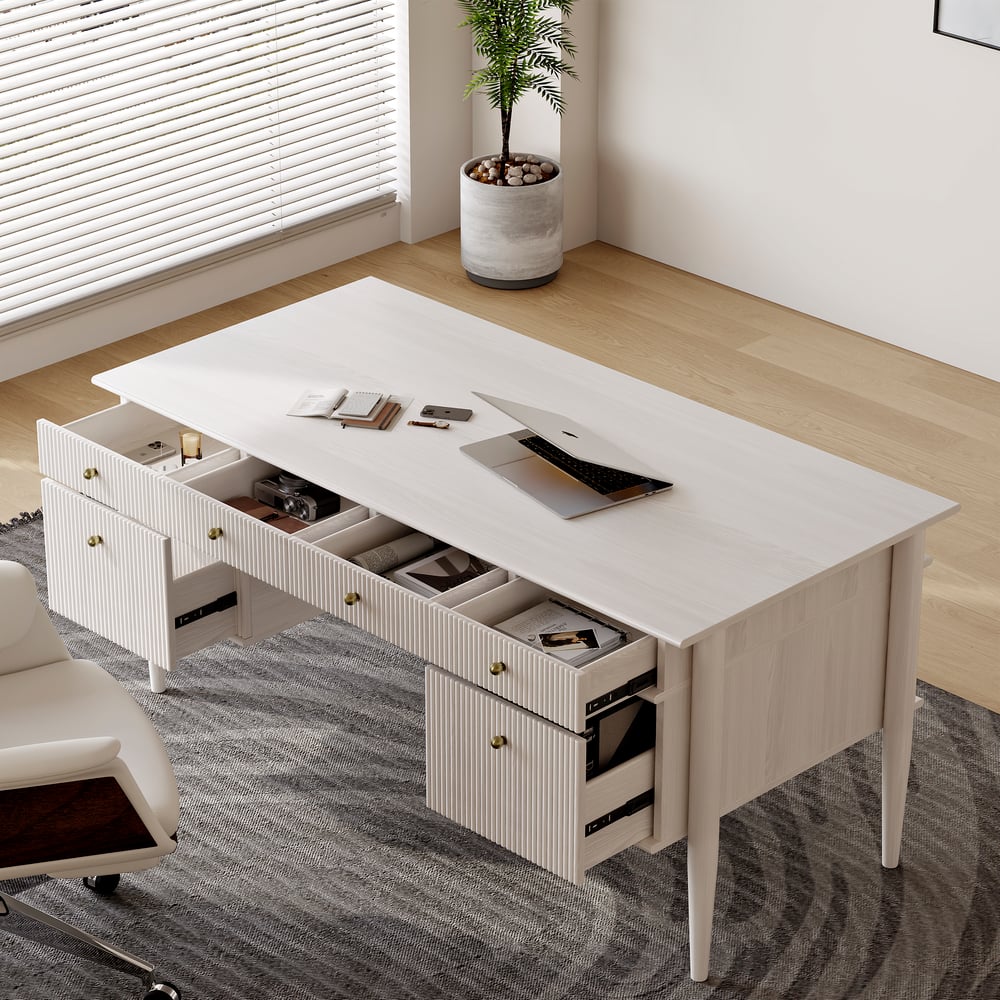 1625mm Modern Style Whitewash Home Office Desk with 6 Drawers window image