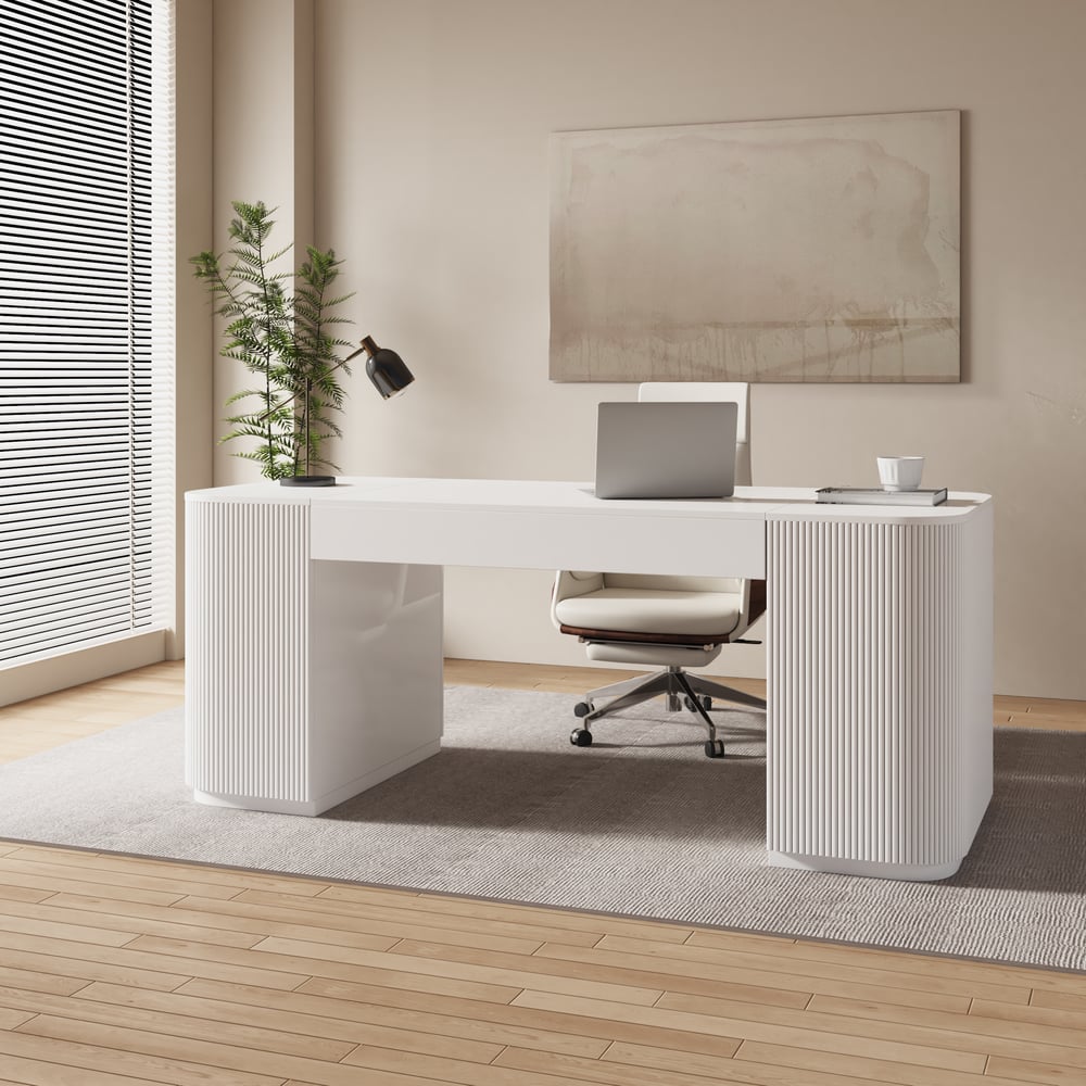 Modern White Standing Computer Desk with 2 Doors and Storage Office Desk (74" ) window image