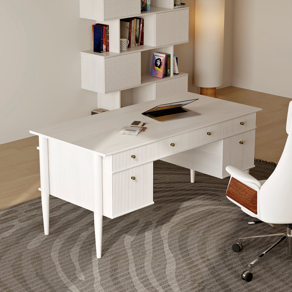 1625mm Modern Style Whitewash Home Office Desk with 6 Drawers window image