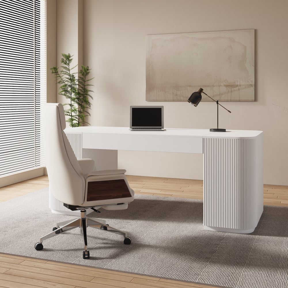 Modern White Standing Computer Desk with 2 Doors and Storage Office Desk (74" ) window image