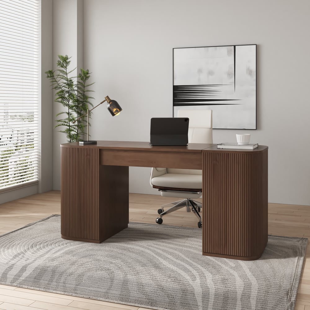 Modern Walnut Standing Writing Desk with 2 Doors & Ample Storage Office Desk window image