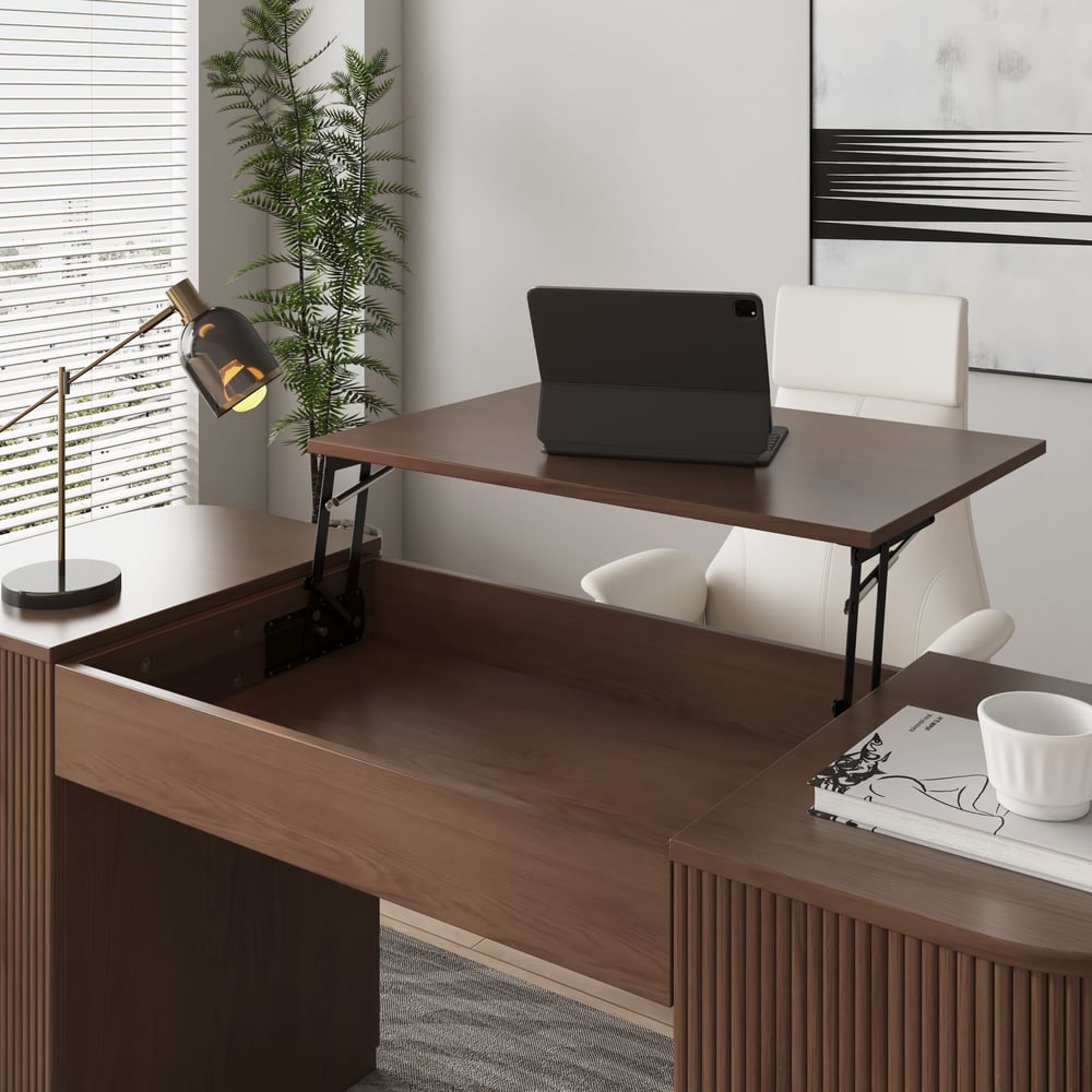 Modern Walnut Standing Writing Desk with 2 Doors & Ample Storage Office Desk window image