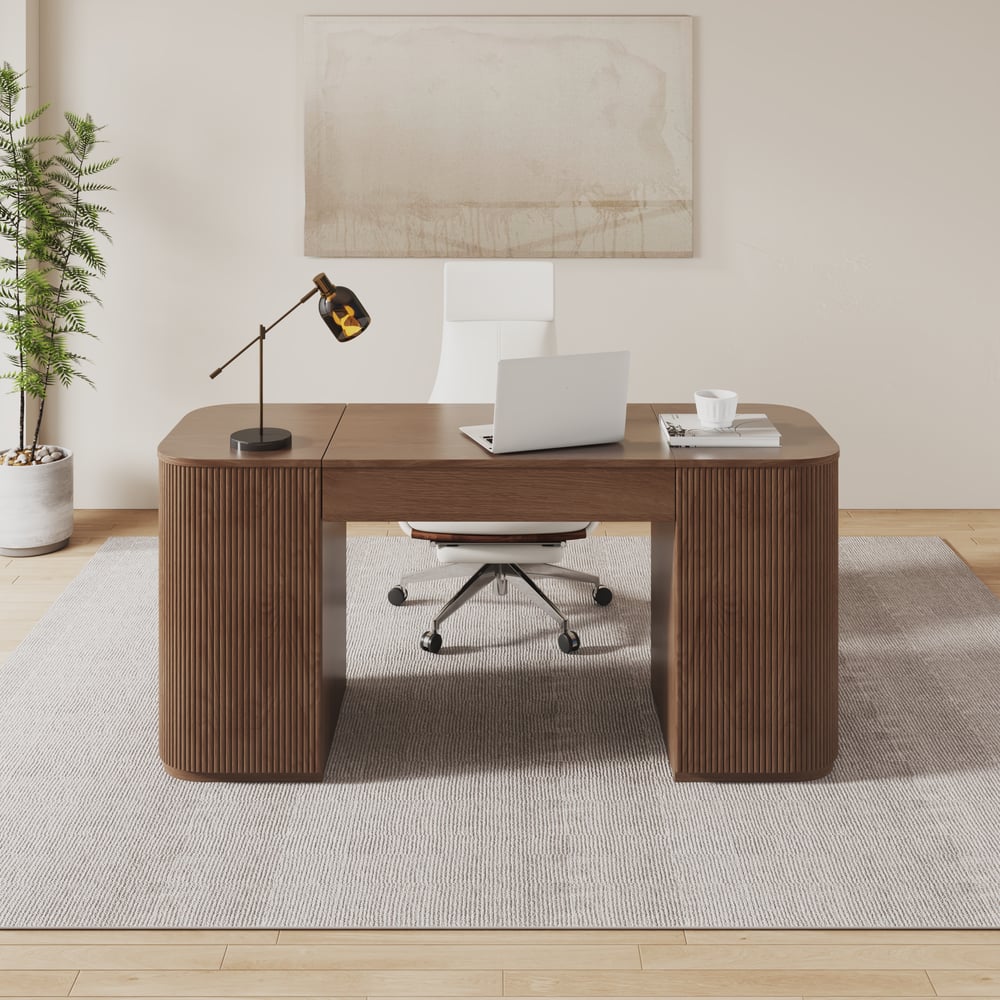 Modern Walnut Standing Computer Desk & Upholstered Swivel Task Chair Set (59.8" ) window image