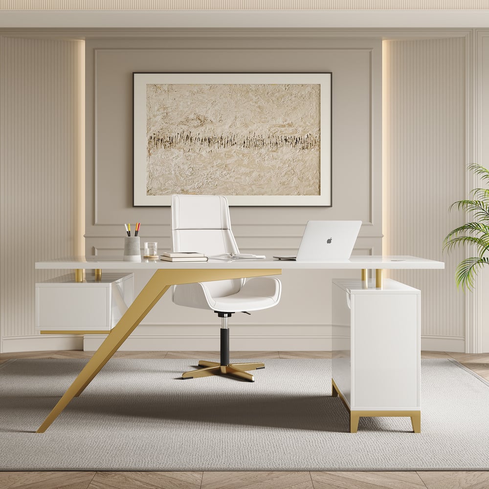 Hungled 1800mm Modern White Computer Desk Luxury Gold Office Desk with Storage & Cabinet window image