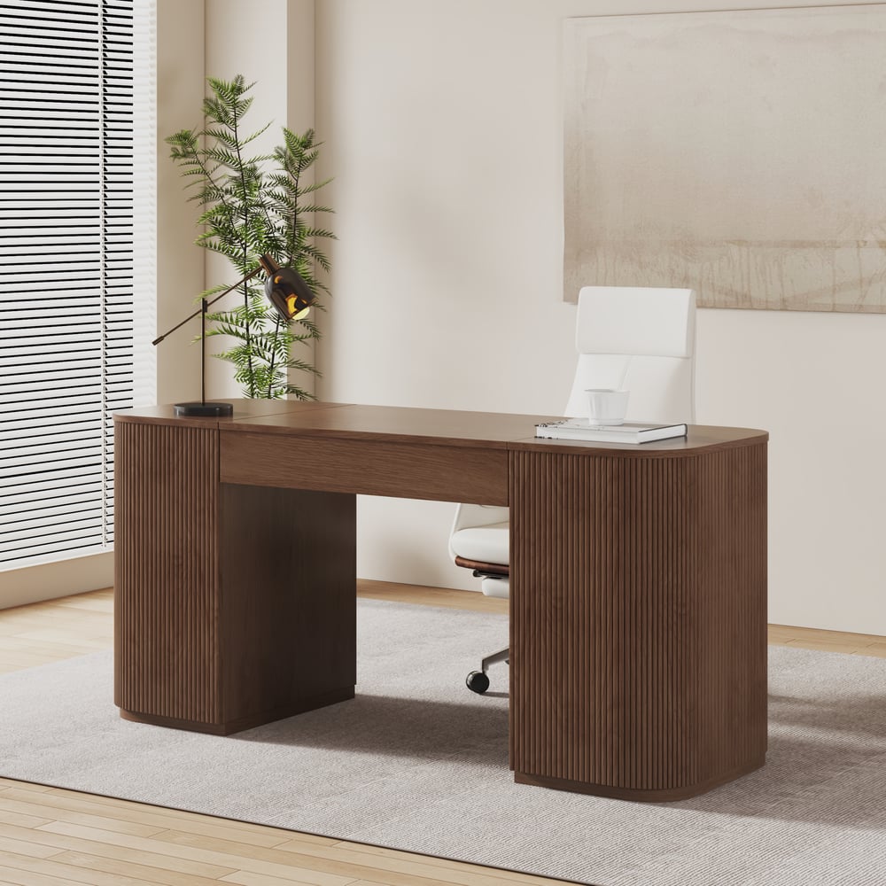 Modern Walnut Standing Computer Desk & Upholstered Swivel Task Chair Set (59.8" ) window image