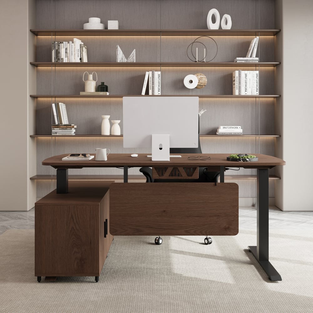 Modern Walnut L Shaped Adjustable Electric Standing Executive Desk Right Hand (63" ) window image